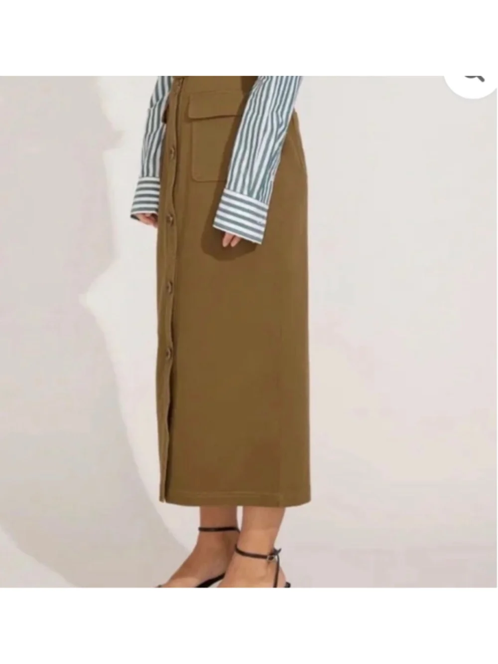 Women's Solid & Striped Midi Skirt Size S Olive Button Front Belted